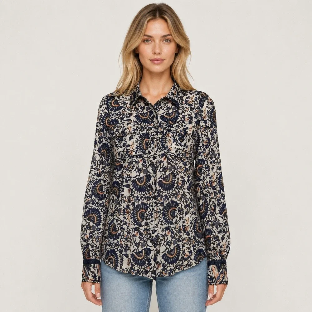 Tory Burch Blouse Cotton‎ Vines Floral Button Up Sz 2 Boho Hippie Festival
